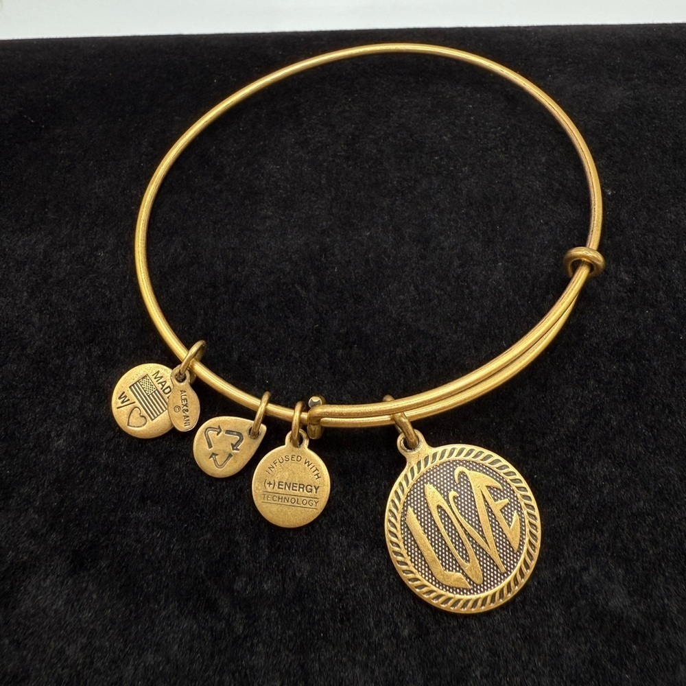 Alex and Ani LOVE Charm Bangle Bracelet Gold Tone Adjustable